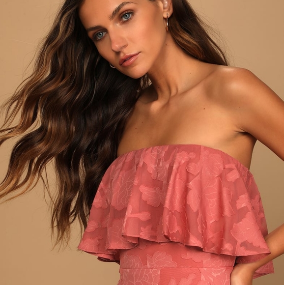 Love You So Truly Rusty Rose Burnout Floral Strapless Midi Dress - Picture 2 of 4
